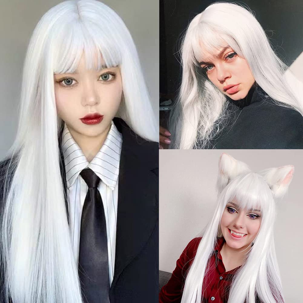 Tseses white straight long wig with flat bangs front view for daily wear