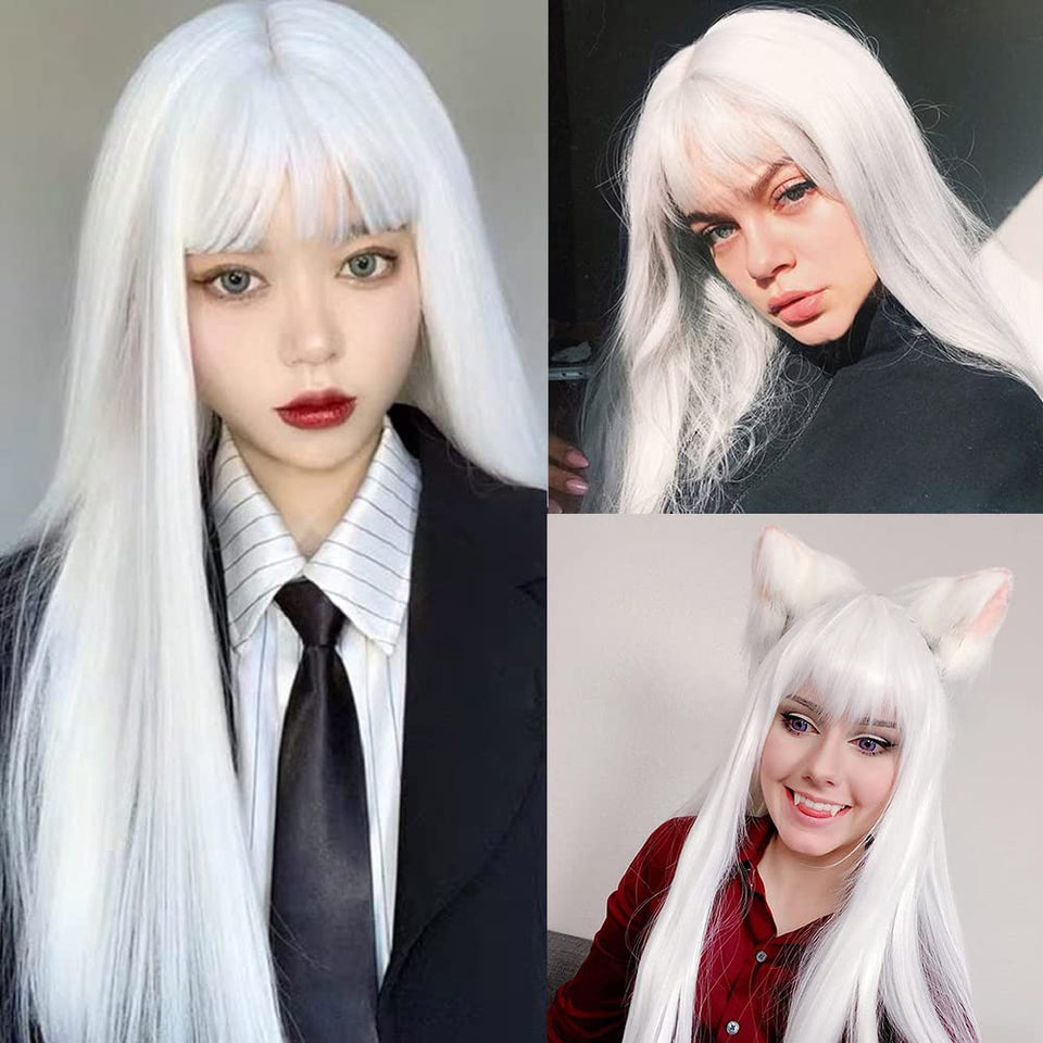 Tseses white straight long wig with flat bangs front view for daily wear