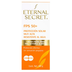 Tu Salud Plus Eternal Secret Face SPF50 bottle protects facial skin during daily activities.
