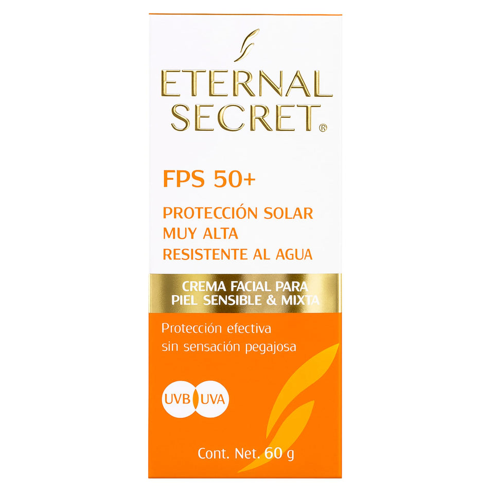Tu Salud Plus Eternal Secret Face SPF50 bottle protects facial skin during daily activities.