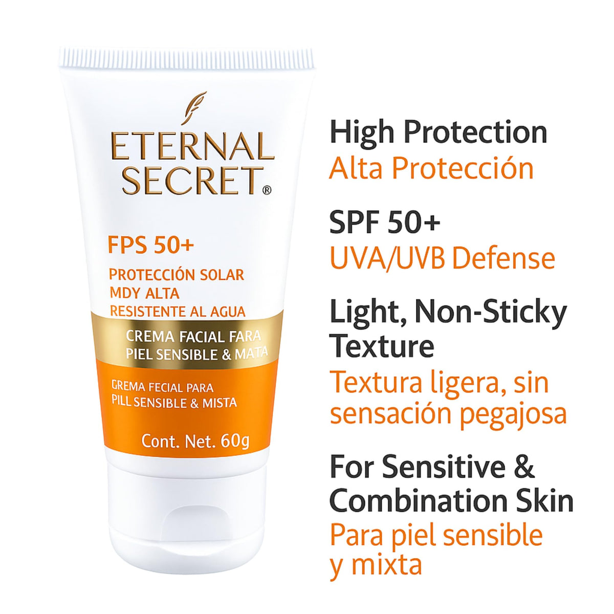 Tu Salud Plus Eternal Secret sensitive-skin formula minimizes irritation during daily protection.