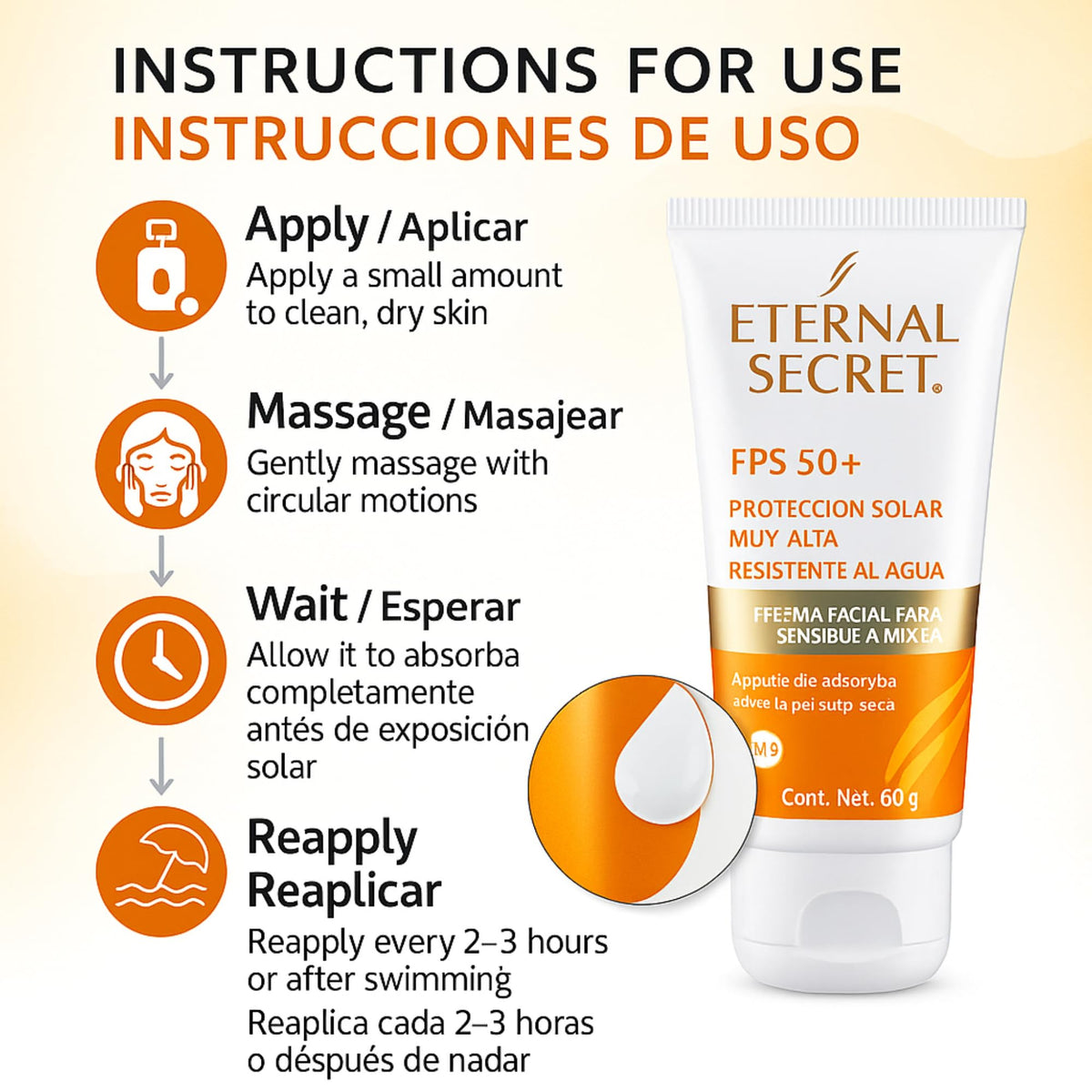 Tu Salud Plus Eternal Secret SPF50 close-up shows creamy texture and light color.