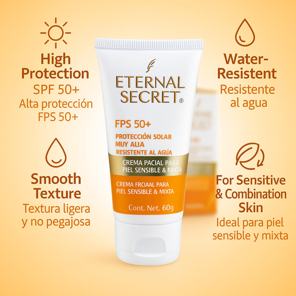 Tu Salud Plus Eternal Secret water-resistant sunscreen on beach scene for outdoor protection.