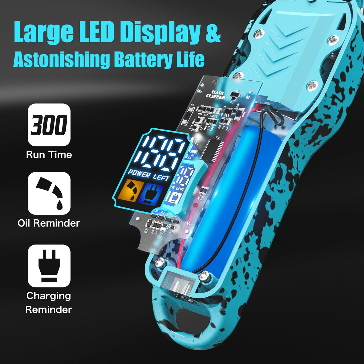Close-up of Tuanchuanrp LED display showing battery fuel gauge
