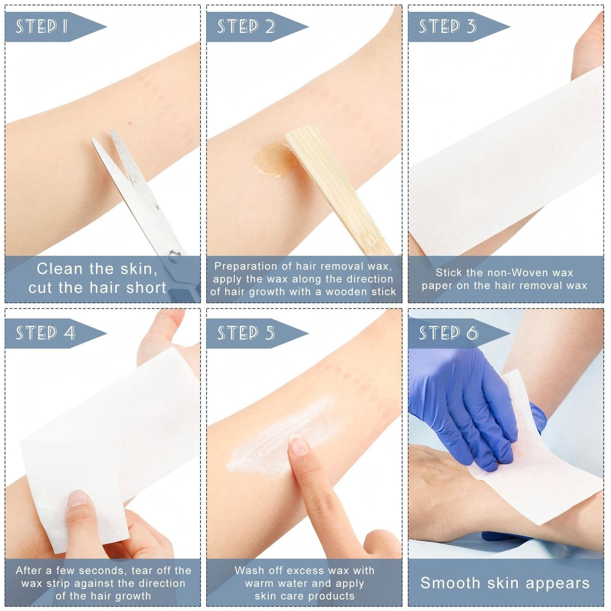 Tudomro wax strips being used on arms and legs for at-home waxing