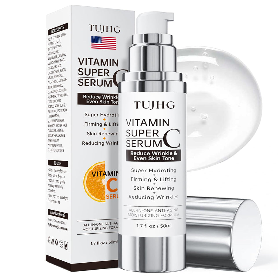 TUJHG Vitamin C Retinol Serum bottle close-up, premium packaging for daily hydration.
