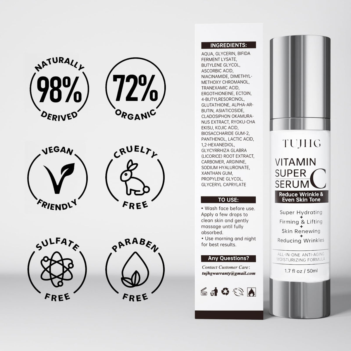 TUJHG Serum emphasizes hyaluronic acid for hydration and plumping.