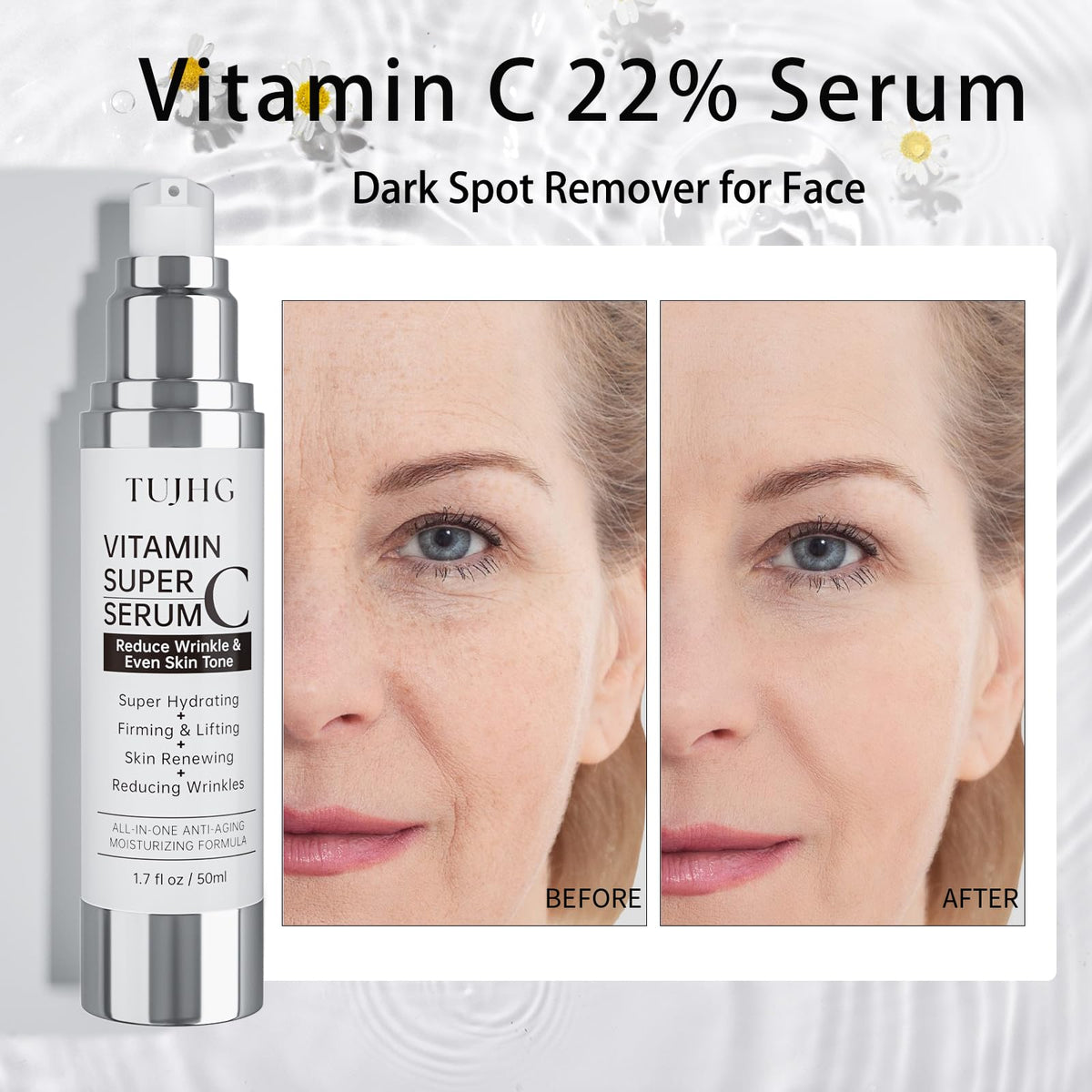 TUJHG Serum on skin reveals a radiant, hydrated glow.