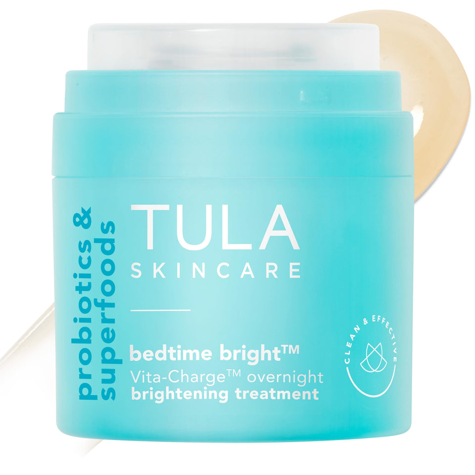 TULA Bedtime bottle close-up showing whipped oil formula designed to lock in moisture overnight.