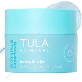 TULA Detox in a Jar exfoliating mask close-up showing creamy texture for refined pores