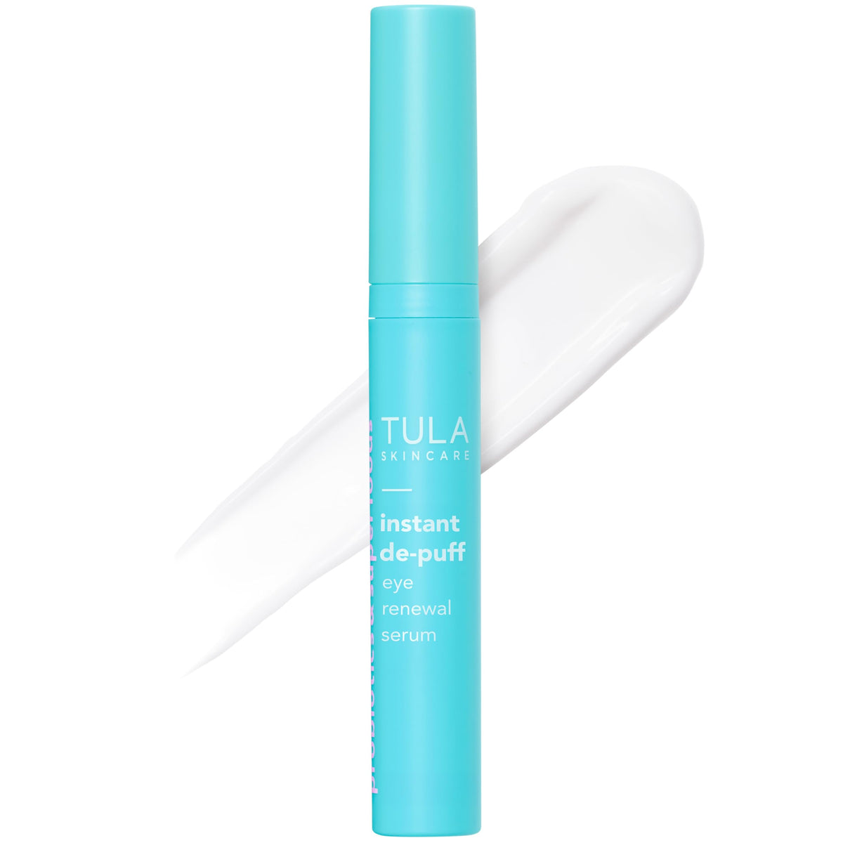 TULA Instant De-Puff Eye Renewal Serum bottle for under-eye care and puffiness reduction.