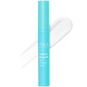 TULA Instant De-Puff Eye Renewal Serum bottle for under-eye care and puffiness reduction.