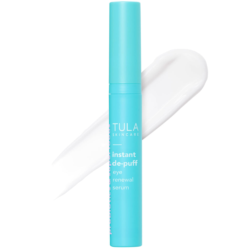 TULA Instant De-Puff Eye Renewal Serum bottle for under-eye care and puffiness reduction.