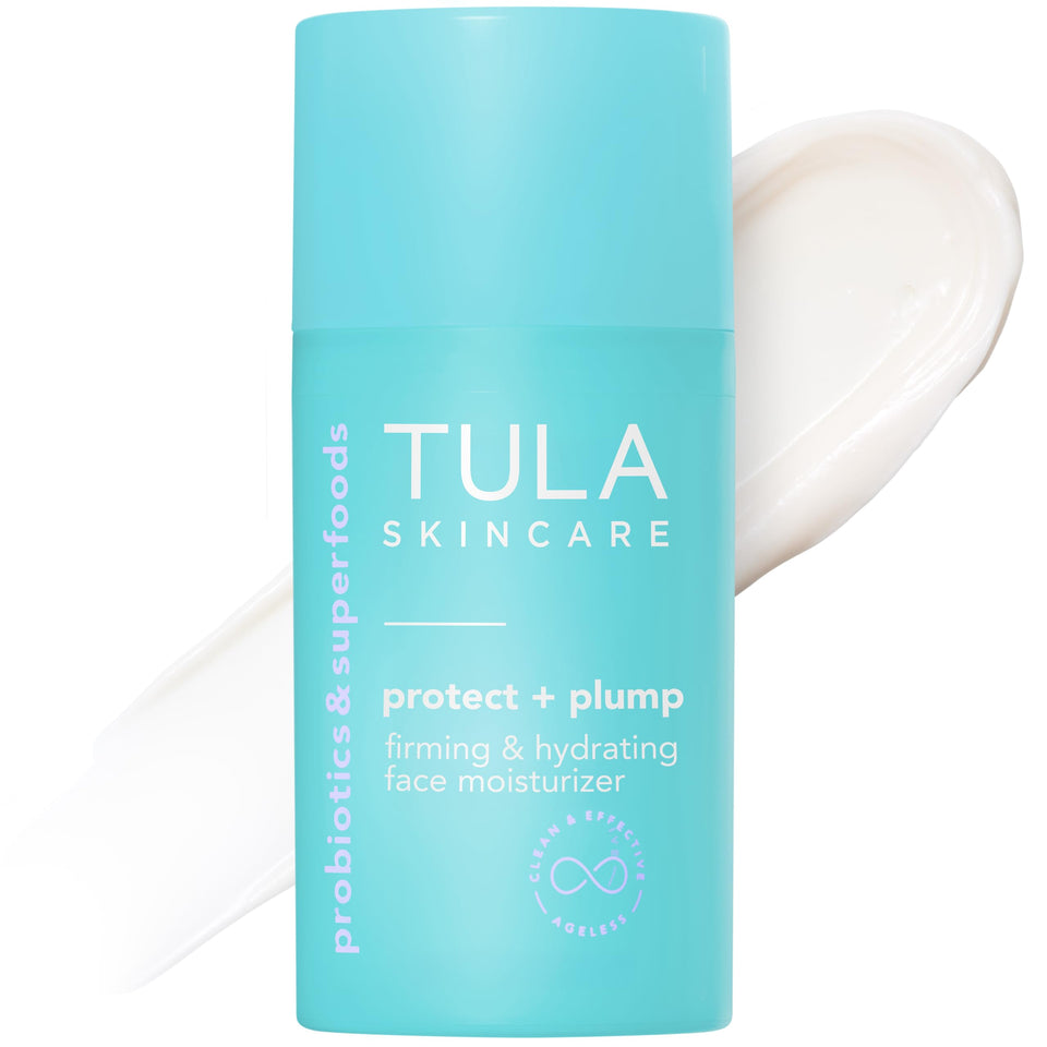 TULA Protect Plump bottle with pump delivers lightweight hydration for daily use.