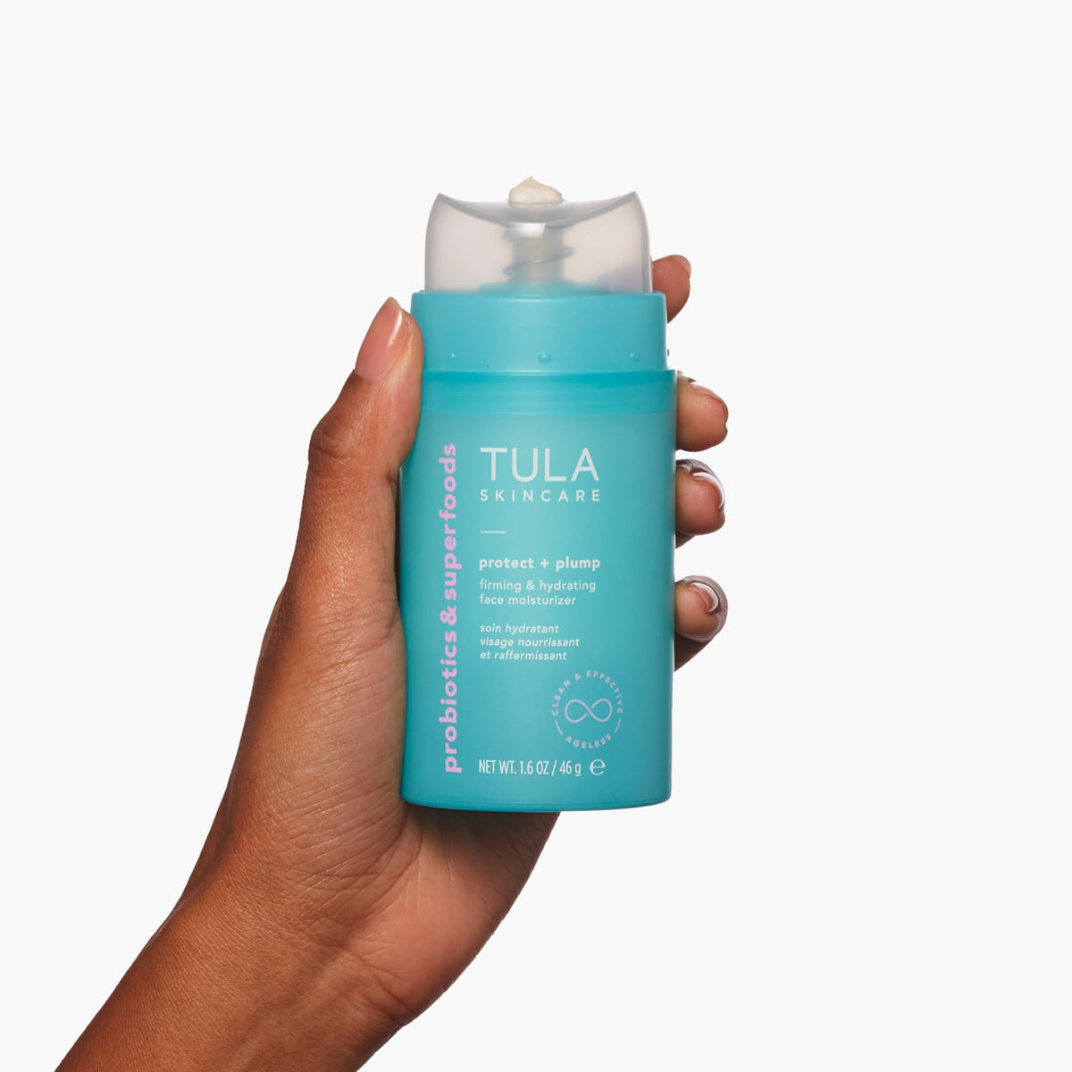 TULA Protect Plump label close-up showing premium packaging and advanced ingredients.
