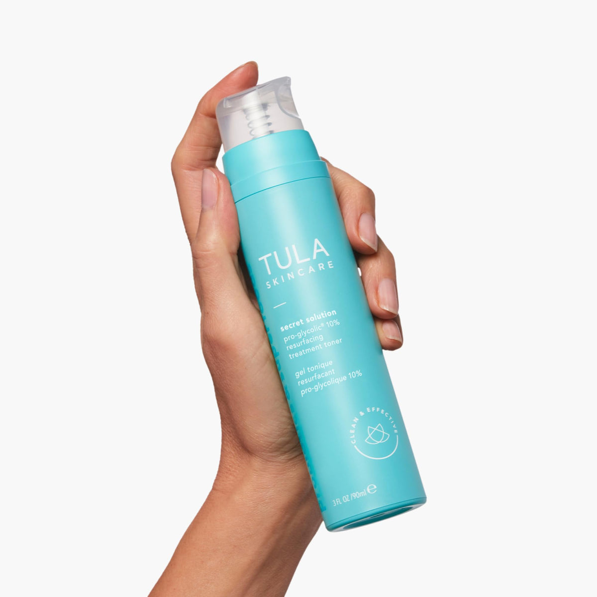 TULA toner on a cotton pad demonstrates easy daily exfoliation and hydration.