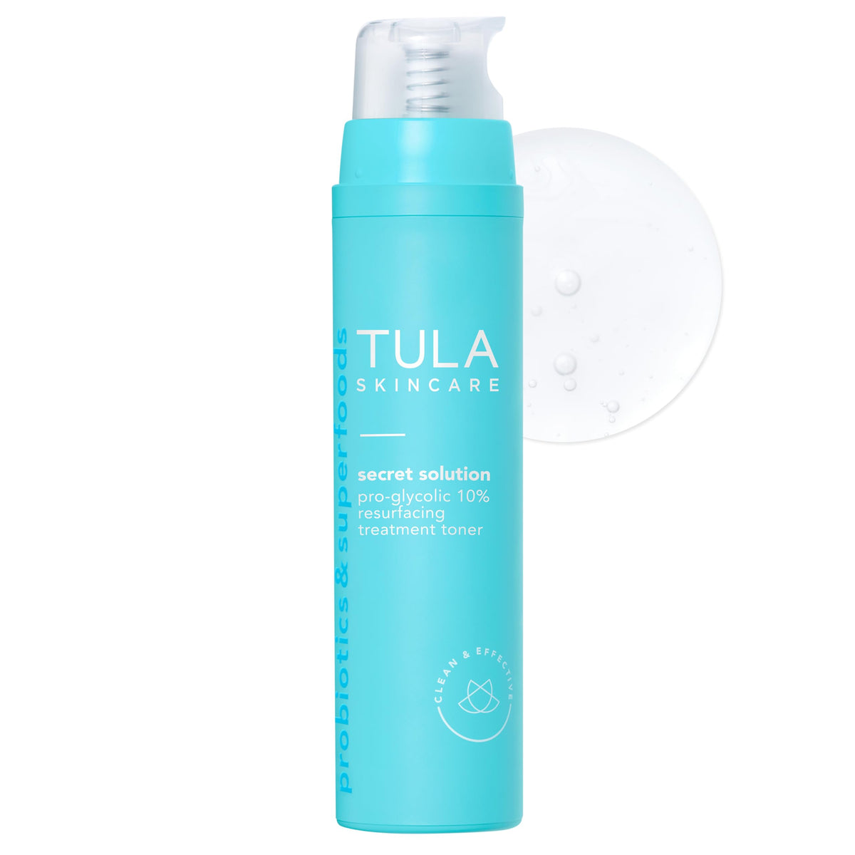 TULA Secret Solution Pro-Glycolic Toner front packaging shows alcohol-free balance for sensitive skin.