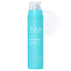TULA Secret Solution Pro-Glycolic Toner front packaging shows alcohol-free balance for sensitive skin.