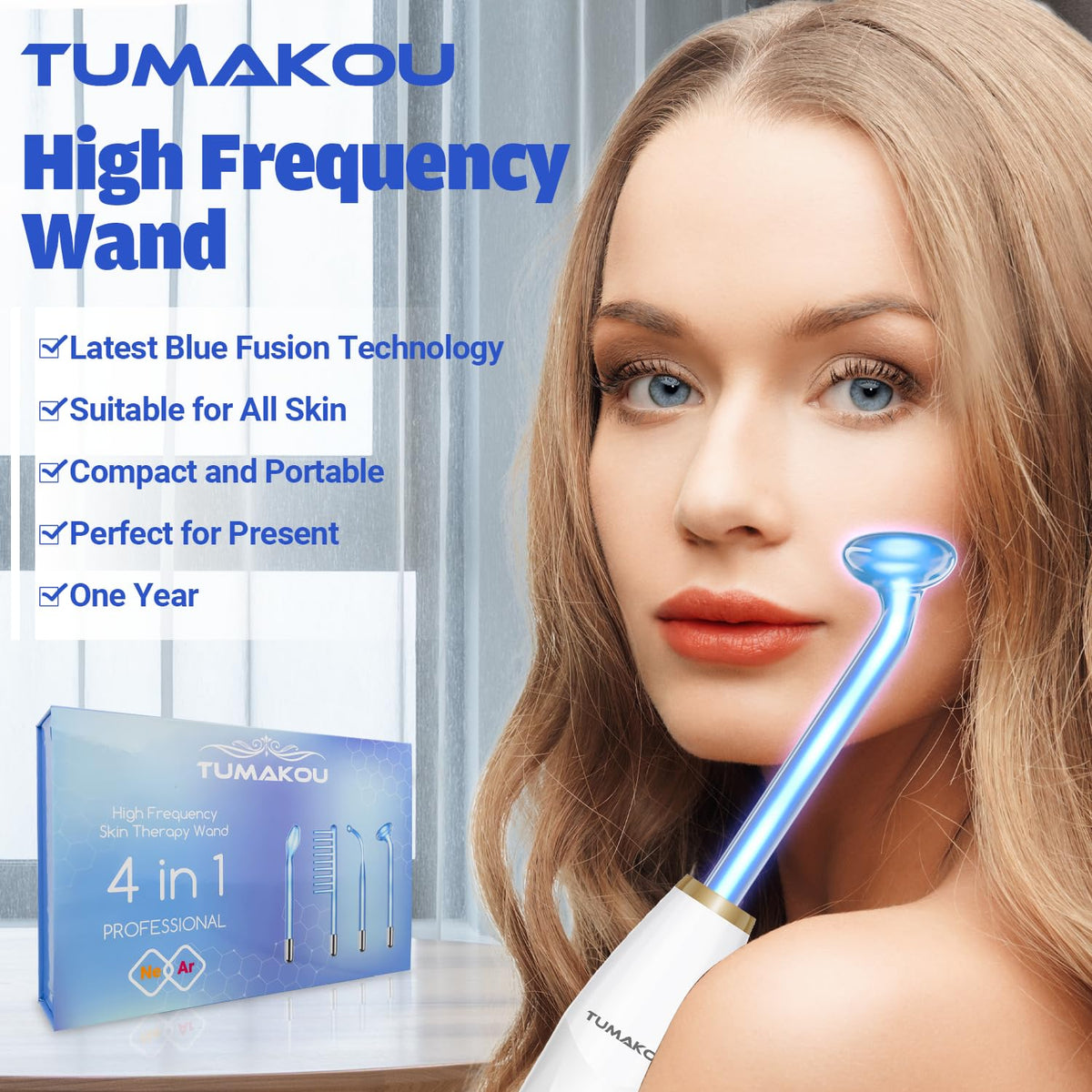 In‑use scene with the Tumakou wand for a quick home skincare session.