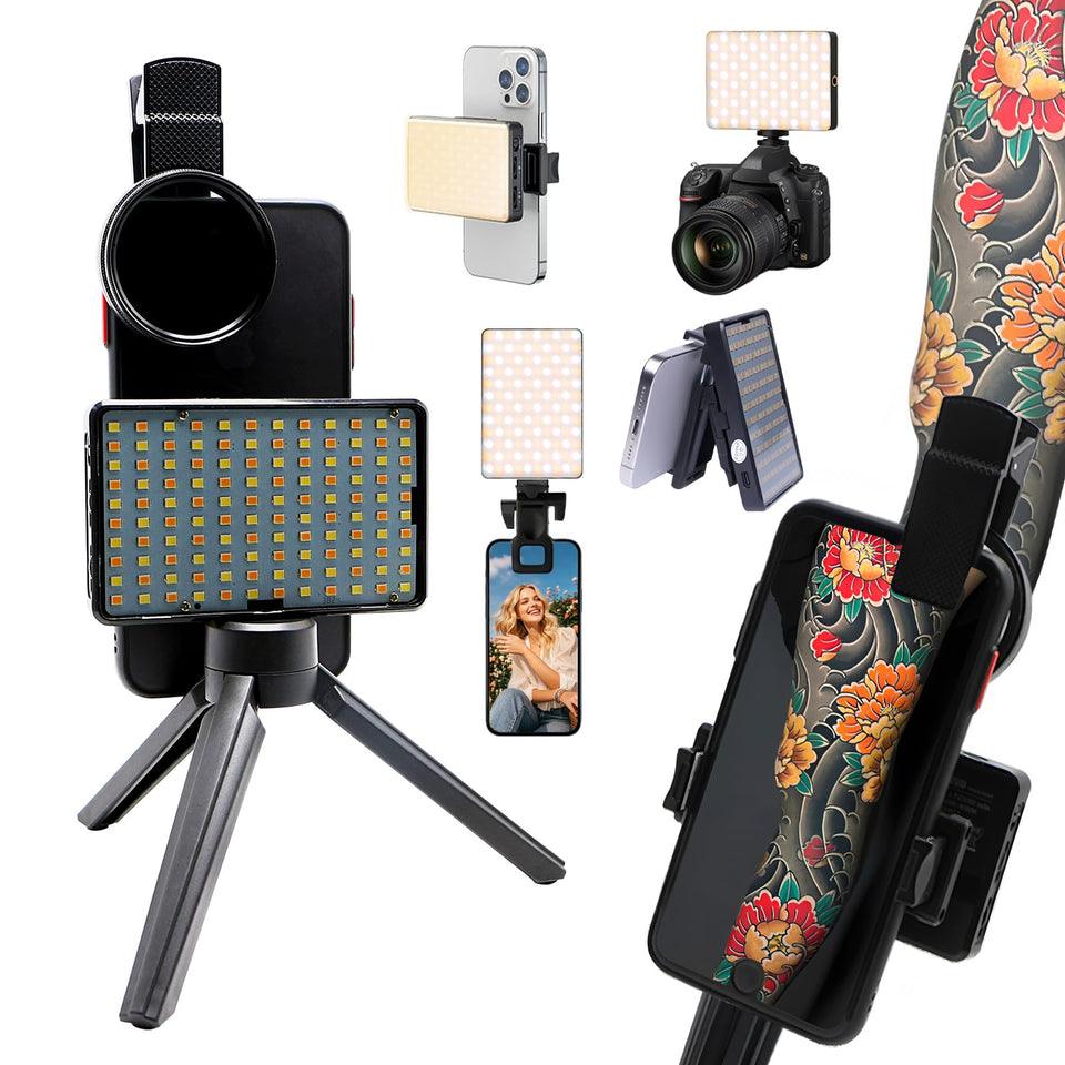 Tumalab Tattoo Light with 120 LEDs delivering even illumination for tattoo shoots.