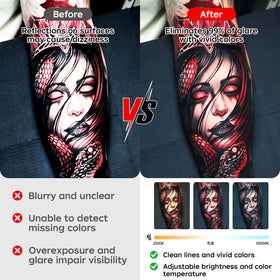 Tumalab Tattoo Light with 52mm CPL filter reduces glare for clearer video.