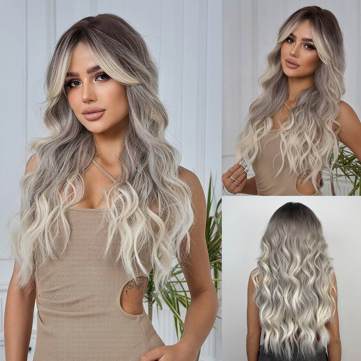 Tumhorn long ombre grey wig overall view for daily wear.