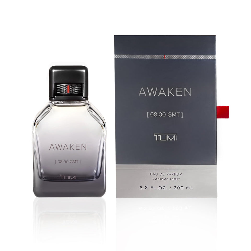 Tumi Awaken for Men EDP bottle front reveals bold, long-lasting fragrance.