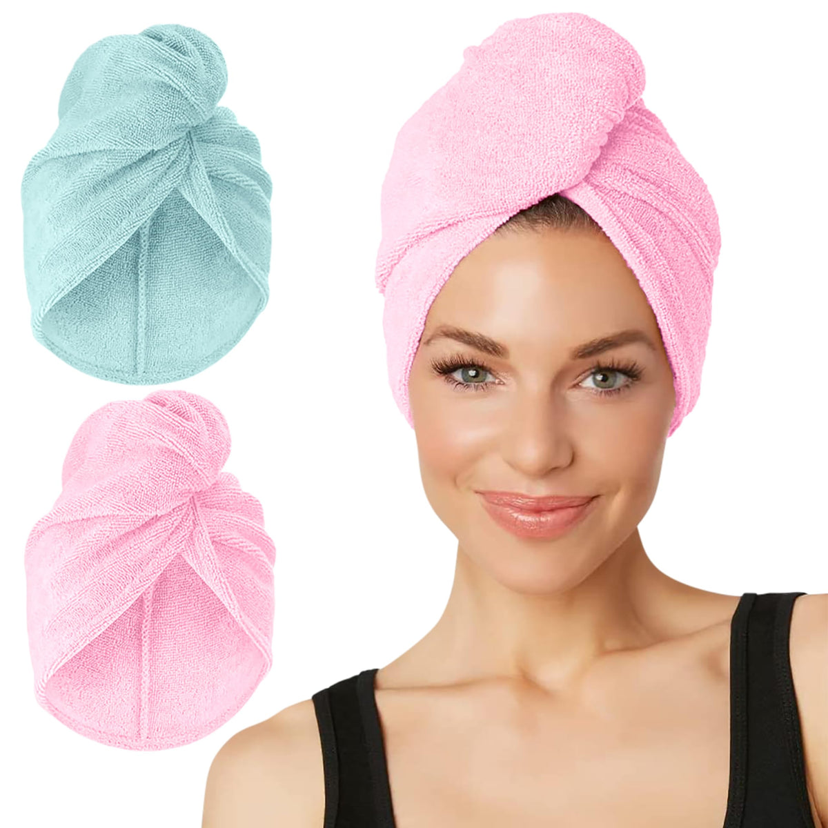 Turbie Twist pink mint hair towel wrap on display for quick drying