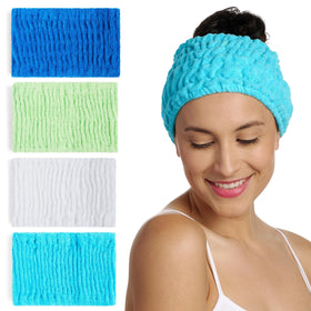 Turbie Twist Ocean Breeze cotton headband holds hair tidy during skincare routines