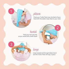 Turbie Twist wrap secured on head with twist-loop system