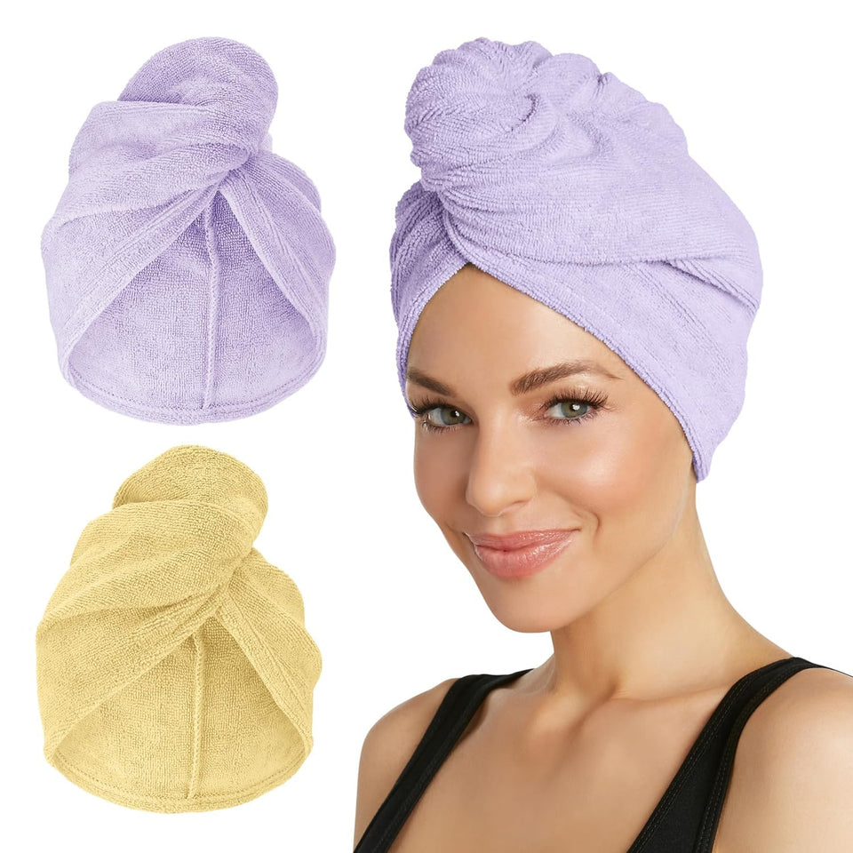 Turbie Twist microfiber hair towel folded in lilac for quick, gentle prep.