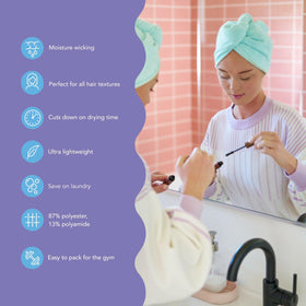Turbie Twist purple microfiber hair towel with secure wear for frizz control.