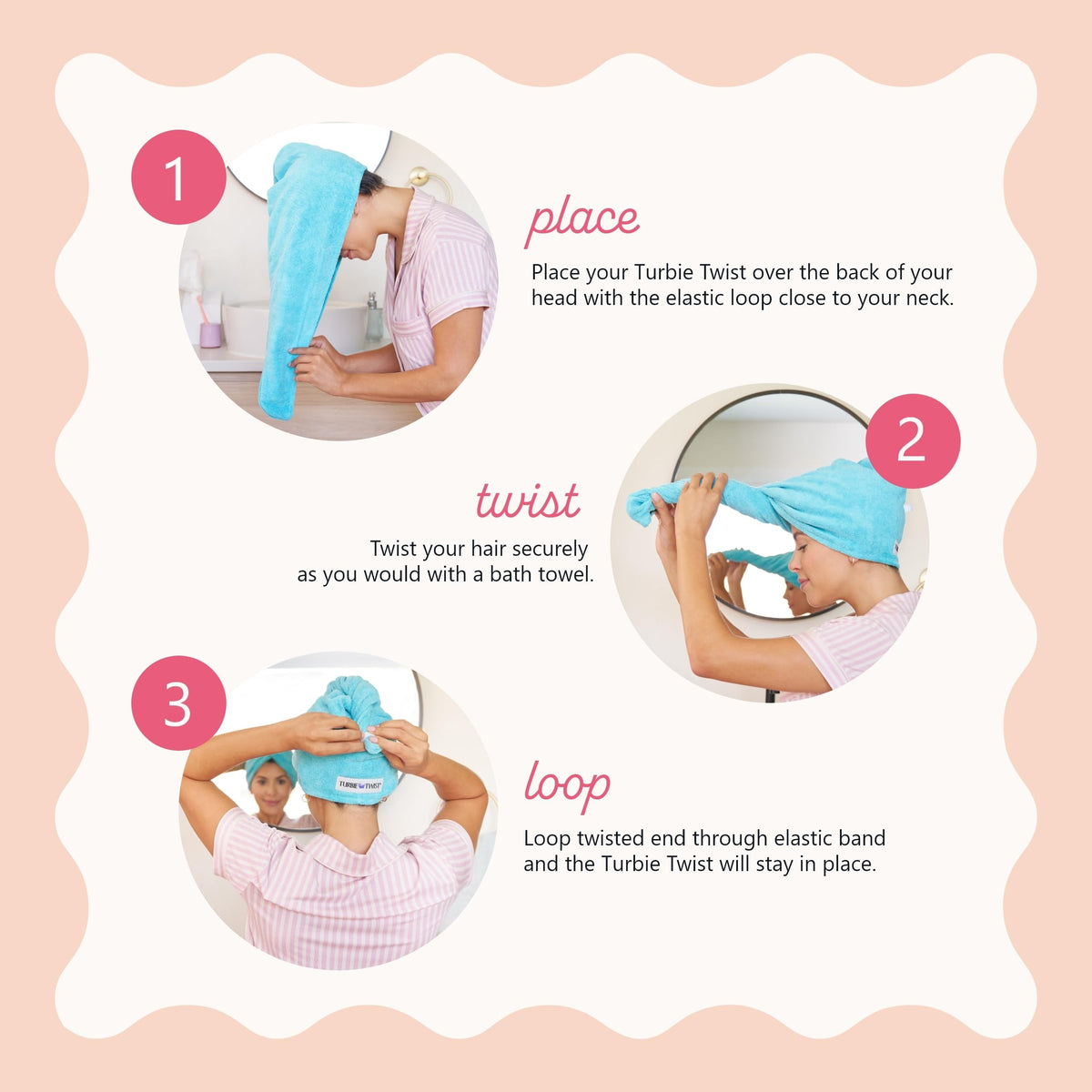 Twist-and-loop design secures Turbie Twist wrap comfortably.
