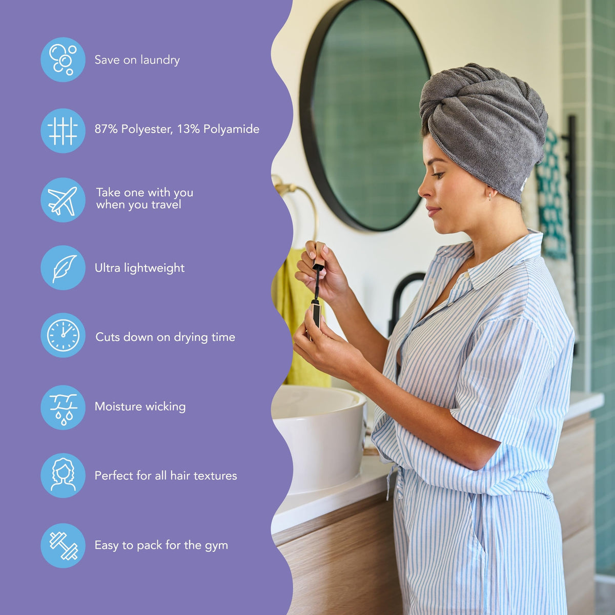 Turbie Twist hair towel wrap blue offers soft, absorbent microfibers for faster drying.