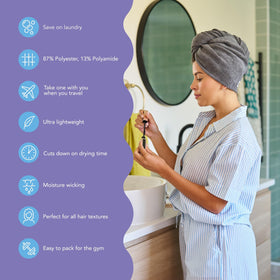Turbie Twist hair towel wrap blue offers soft, absorbent microfibers for faster drying.