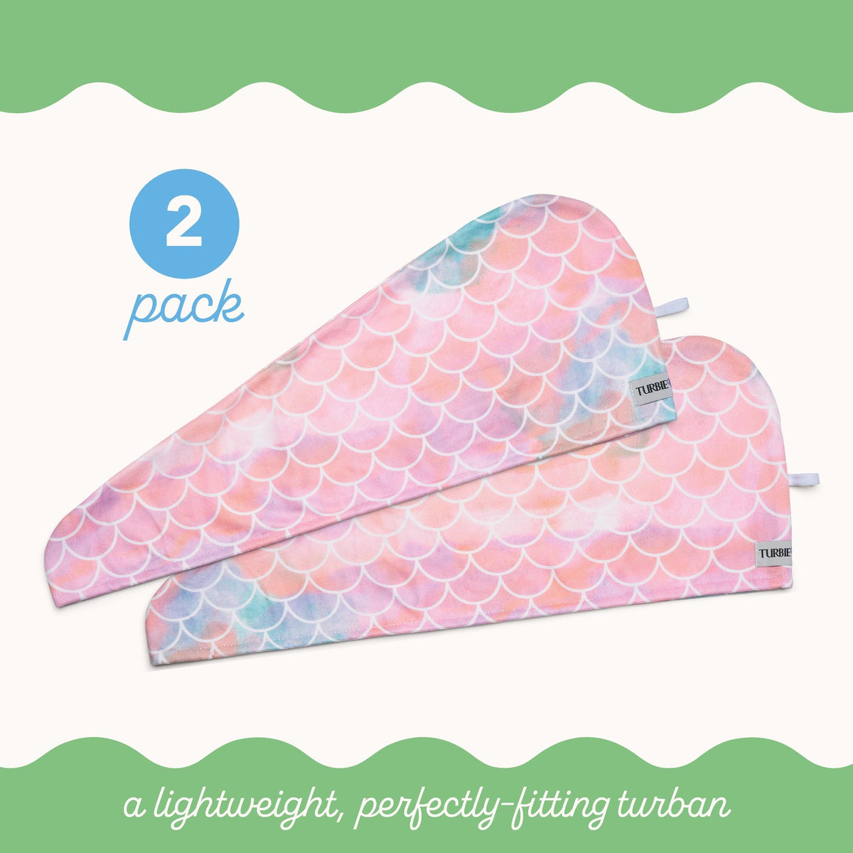 Turbie Twist Mermaid lightweight towel stays in place with twist-and-loop design