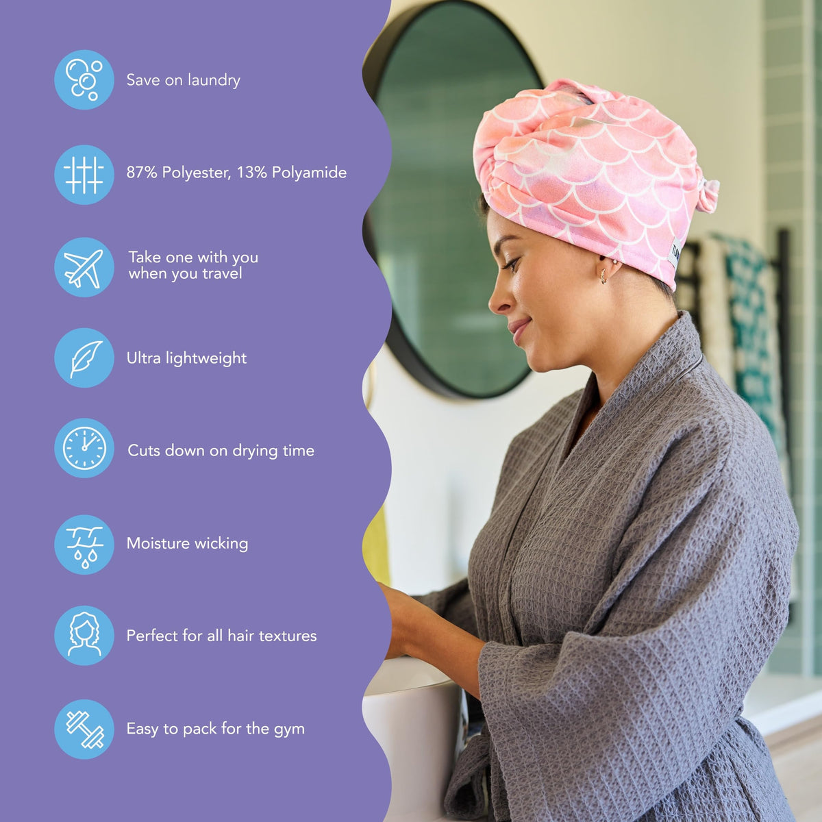 Turbie Twist Mermaid fast-drying towel ideal for travel and gym sessions