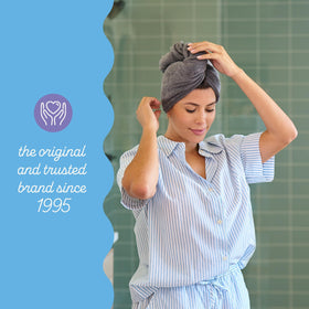 Turbie Twist twist-and-loop system keeps wrap secure during use.