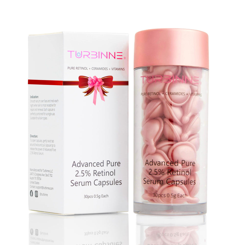 Turbinne Pure 2.5% Retinol Capsules box front showing compact packaging for on-the-go routines.