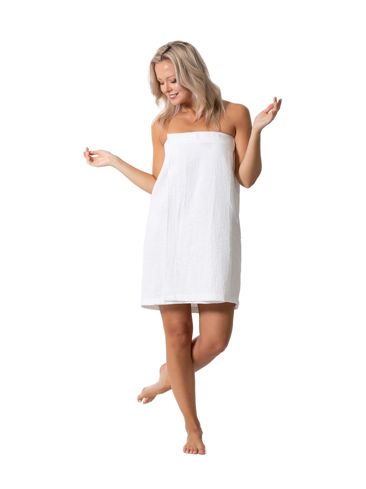 Turkish Linen women's waffle spa wrap with adjustable closure for a secure post-shower fit.