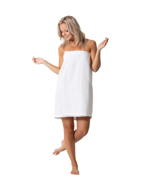 Turkish Linen women's waffle spa wrap with adjustable closure for a secure post-shower fit.