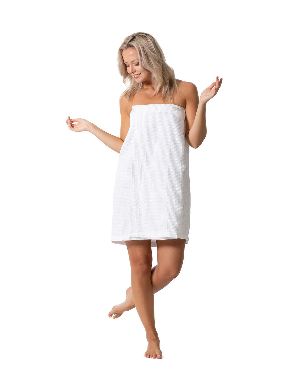 Turkish Linen women's waffle spa wrap with adjustable closure for a secure post-shower fit.