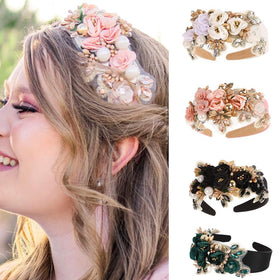 TURTLEDOVE chunky flower headband in pink offers bohemian bridal charm.