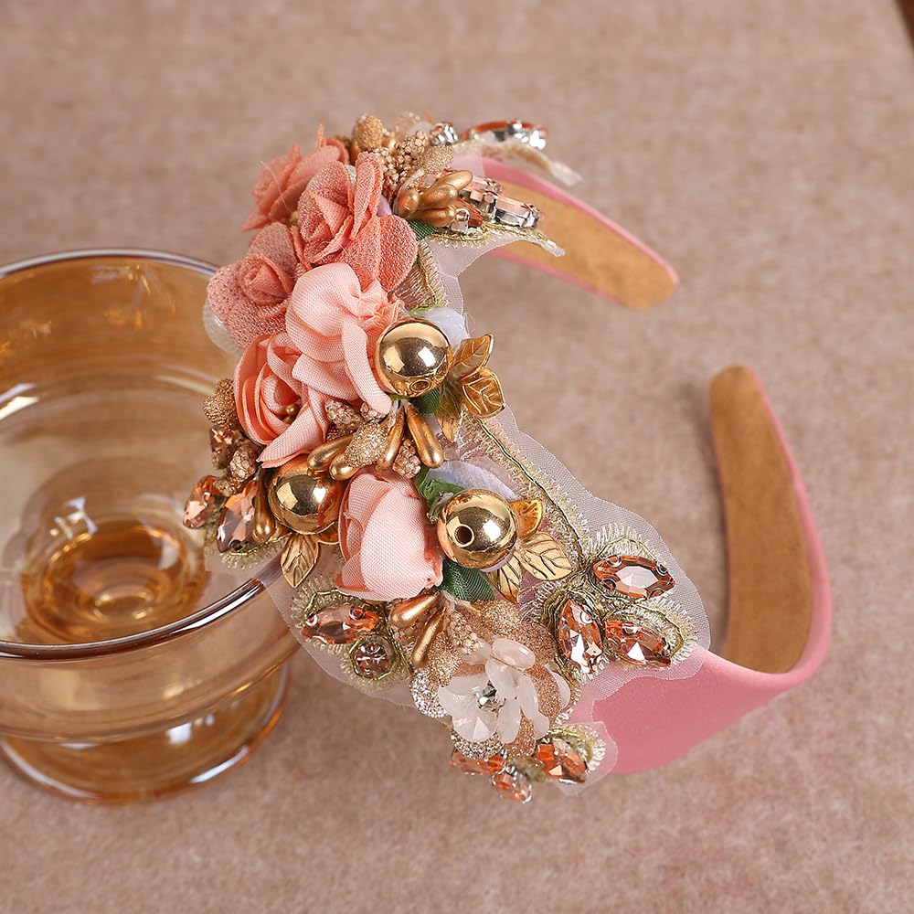 TURTLEDOVE headband with gold-tone band balances pink florals and sparkle.