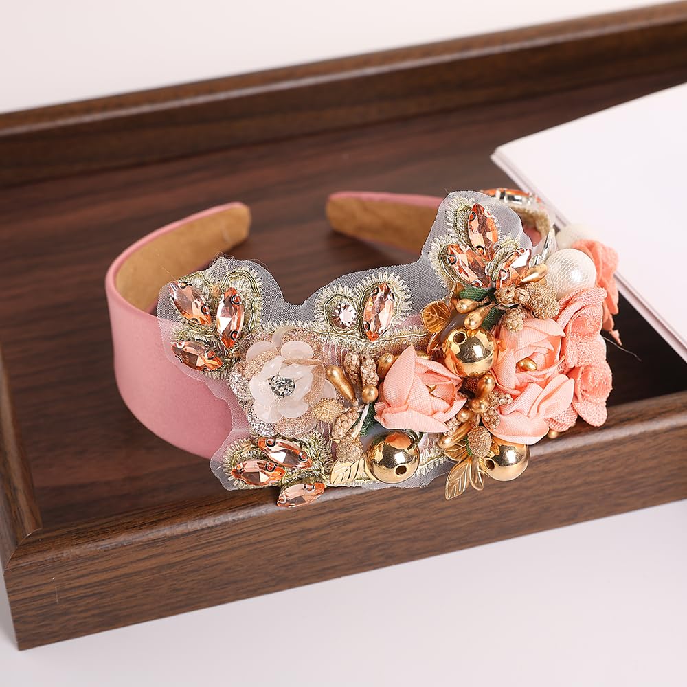 TURTLEDOVE headband with pearl accents in pink for refined ceremony wear.