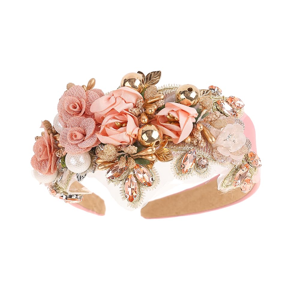 TURTLEDOVE Baroque rhinestone floral headband in pink adds bridal sparkle for the wedding day.