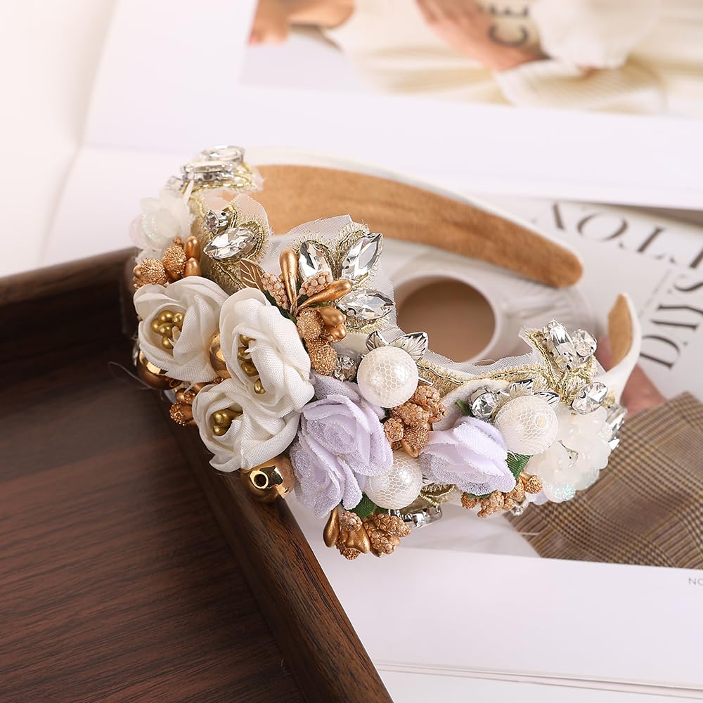 TURTLEDOVE Floral lace details headband with crystals for elegant photos.