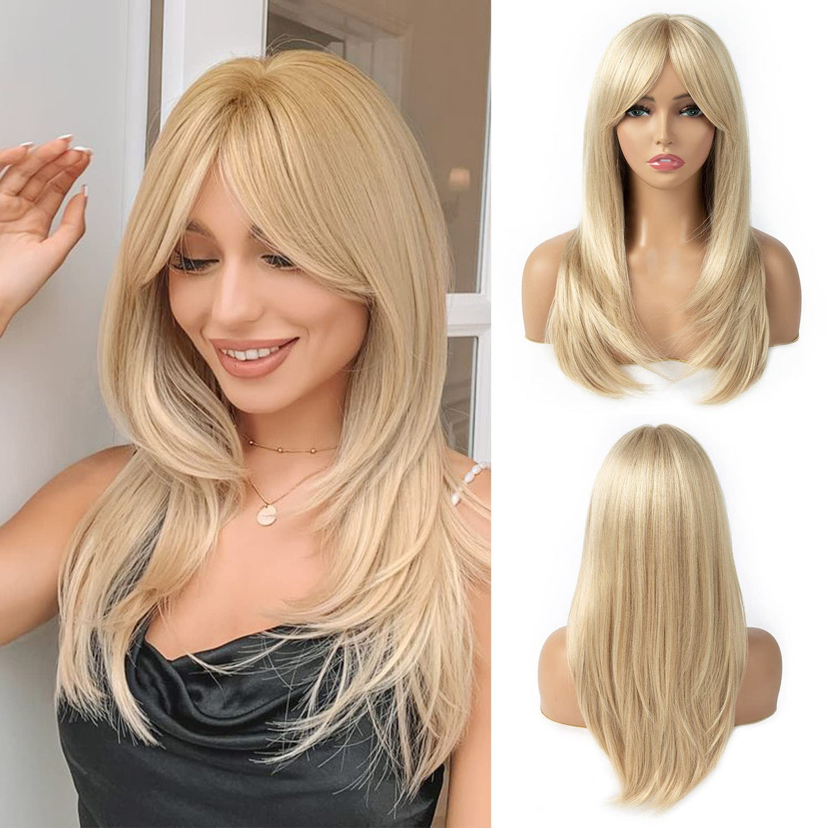 TuTive Blonde Wig with layered bangs, 22 inch length, front view for daily wear.