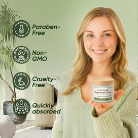 TUVAAZ Total Soothe legs application illustrates daily use after activity.