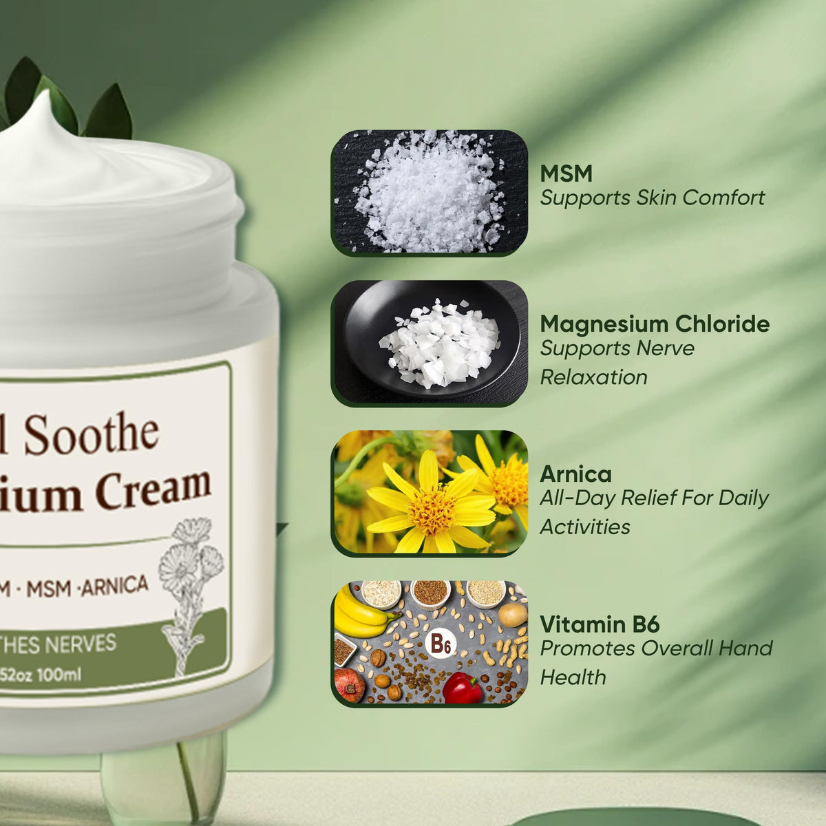 TUVAAZ Total Soothe with MSM and Arnica close-up highlights soothing botanicals.